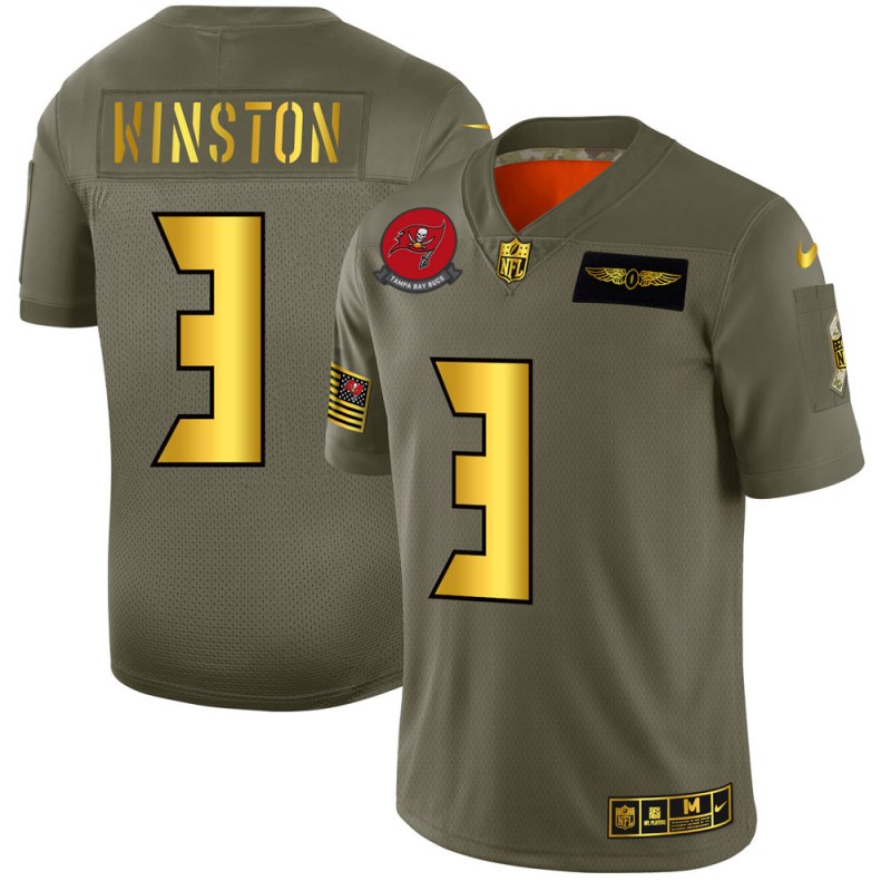 Men's Tampa Bay Buccaneers #3 Jameis Winston 2019 Olive/Gold Salute To Service Limited Stitched NFL Jersey